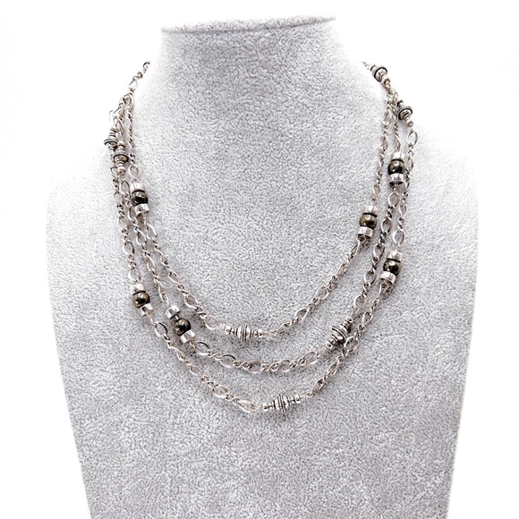 STERLING AND PYRITE LONG SAUTOIR NECKLACE - Picture 1 of 10